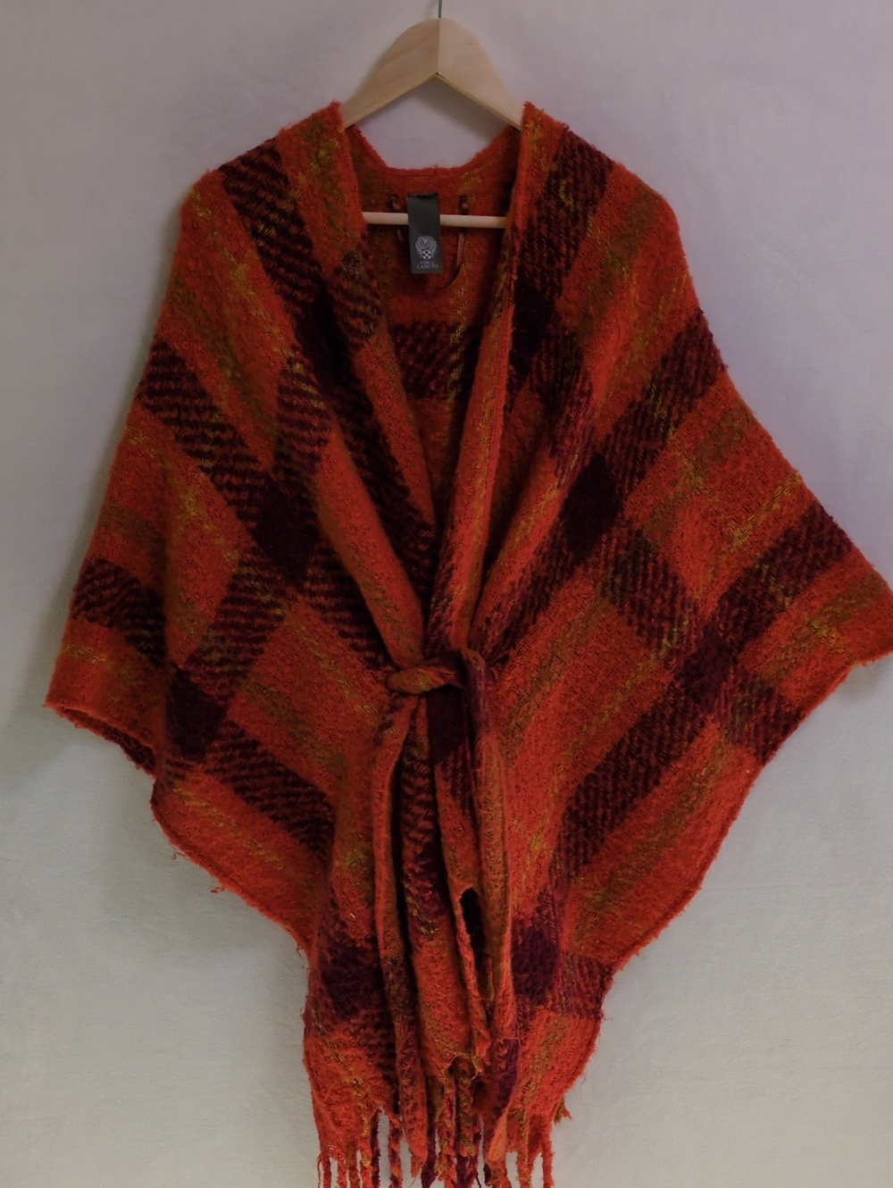 Vince Camuto Plaid Fringed Poncho Wrap Orange Red Fall Layer One Size OS